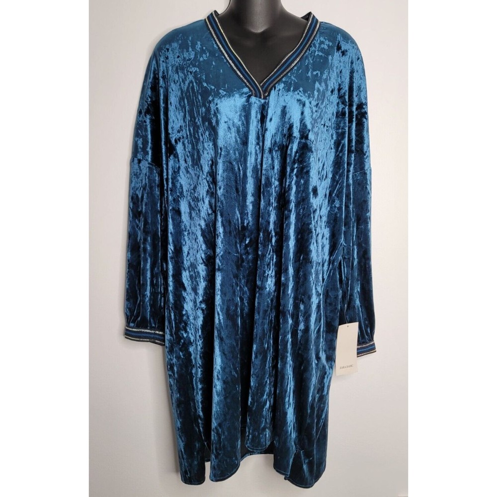 Zara Basic Womens Large Velvet Blue‎ Mini Tunic Dress Long Sleeves Dazzle…